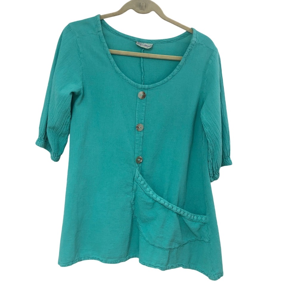 Cottonways 0 Tunic Gauze Minimalist Pocket Button Detail Aqua Lagenlook Women SM